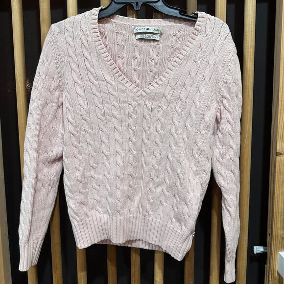 Vintage Y2K Tommy Hilfiger Sweater Womens Size L Pink Cable Knit V Neck Preppy - Picture 1 of 8